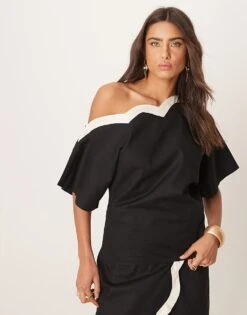 Never Fully Dressed Contrast Off Shoulder Asymmetrical Top Co-ord In Black For Women