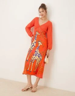 Never Fully Dressed Contrast Balloon Sleeve Midaxi Dress In Orange Giraffe Print For Women -Never Fully Dressed Sales 208067030 1 orange 1