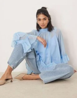 Never Fully Dressed Oversized Ruffle Top In Powder Blue For Women
