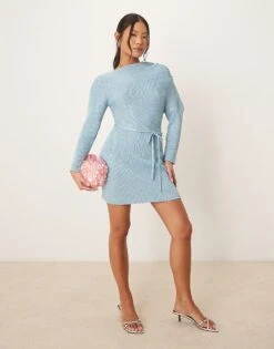 Never Fully Dressed Petite Off Shoulder Knit Mini Dress In Powder Blue For Women