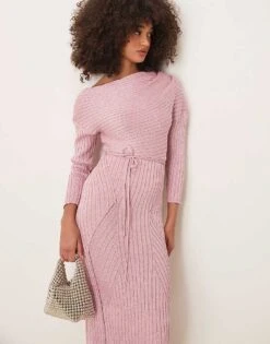 Never Fully Dressed Off Shoulder Knitted Maxi Dress In Baby Pink For Women