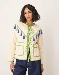 Never Fully Dressed Tassel Trim Stripe Jacket In Cream For Women Cream/green