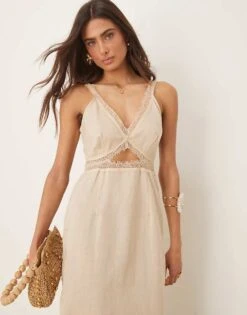Never Fully Dressed Mimi Linen Cut-out Midaxi Dress In Oatmeal For Women -Never Fully Dressed Sales 208347869 3