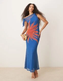 Never Fully Dressed Asymmetric Off Shoulder Maxi Dress In Blue Sun Print For Women Cobalt