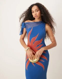 Never Fully Dressed Asymmetric Off Shoulder Maxi Dress In Blue Sun Print For Women Cobalt -Never Fully Dressed Sales 208347936 3
