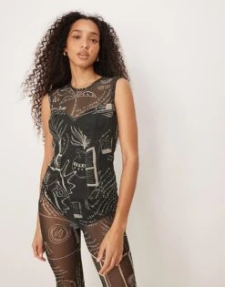 Never Fully Dressed Mesh Top Shirt Co-ord In Black Palm Print For Women