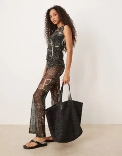 Never Fully Dressed Mesh Flare Trouser Co-ord In Black Palm Print For Women -Never Fully Dressed Sales 208348033 1 black 1
