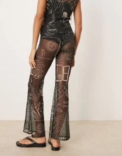 Never Fully Dressed Mesh Flare Trouser Co-ord In Black Palm Print For Women -Never Fully Dressed Sales 208348033 4