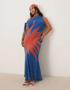 Never Fully Dressed Plus Asymmetric Off Shoulder Maxi Dress In Blue Sun Print For Women Cobalt
