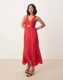 Never Fully Dressed Petite Mimi Linen Cut-out Midaxi Dress In Red For Women
