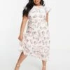 Never Fully Dressed Plus Tiered Smock Midi Dress In Pink Seashell Print For Women