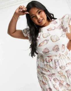 Never Fully Dressed Plus Tiered Smock Midi Dress In Pink Seashell Print For Women -Never Fully Dressed Sales 23734676 3